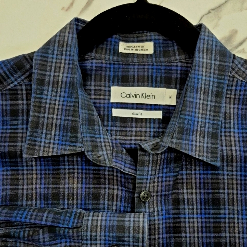 Calvin Klein Slim Fit Button Down Shirt Blue Plaid, Medium